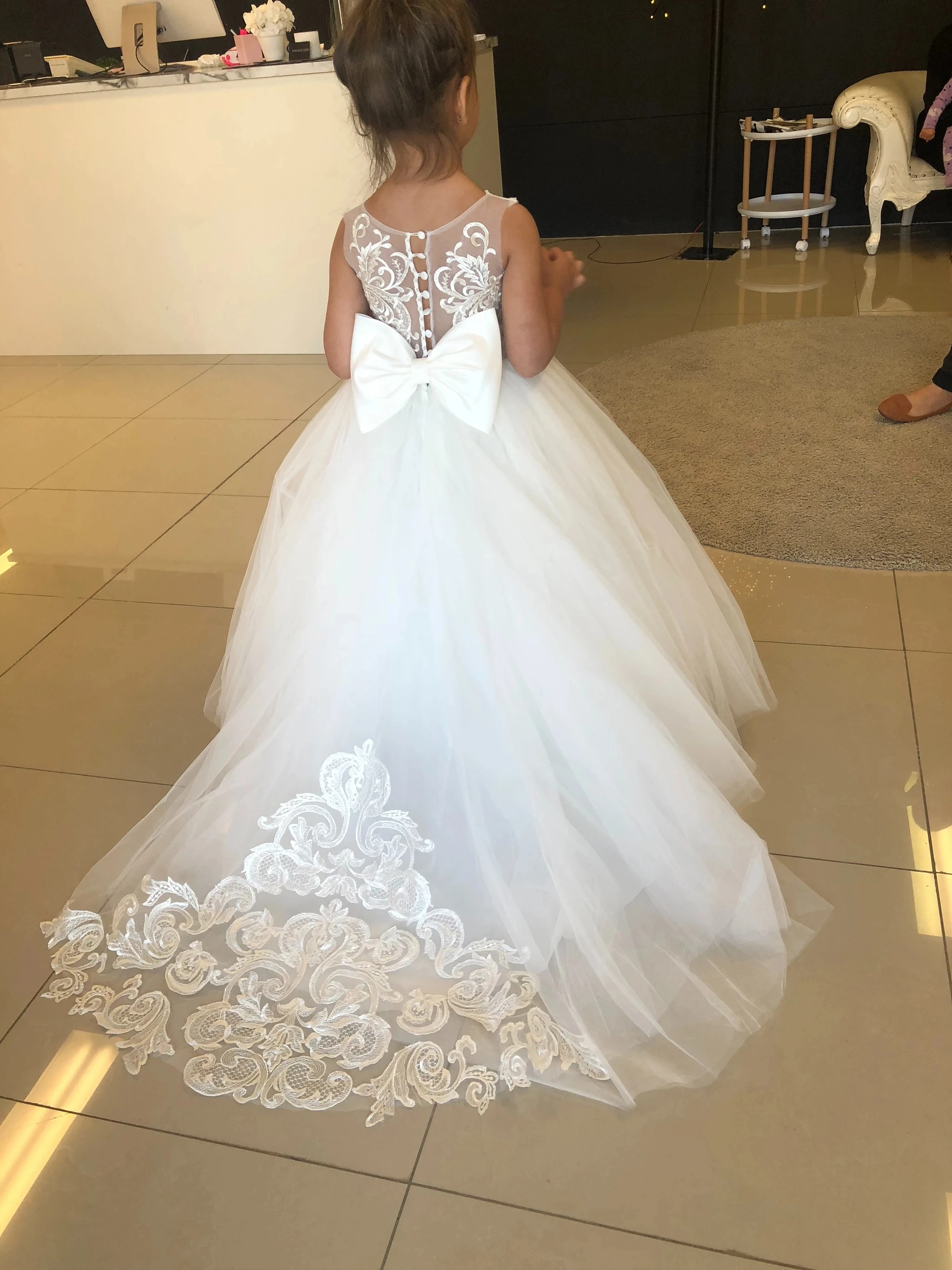 Xunbei-vestido de flores para niña, lazos de tul de encaje, vestido de boda de primera comunión para niños, vestido de baile de princesa encantador, vestido de fiesta