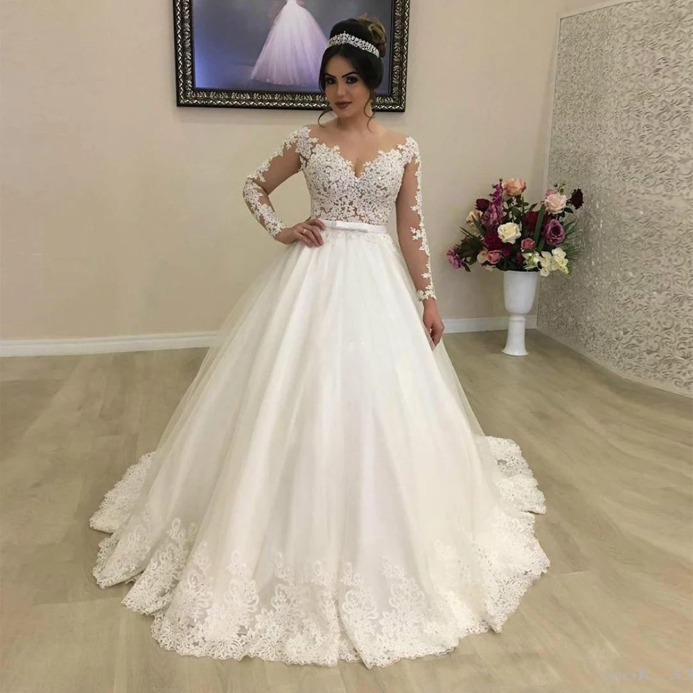 Sparkly A Line Wedding Dress Full Sleeves O Neck Appliques Beaded Bridal Gowns Sweep Train Customized Bride Marriage Clothing