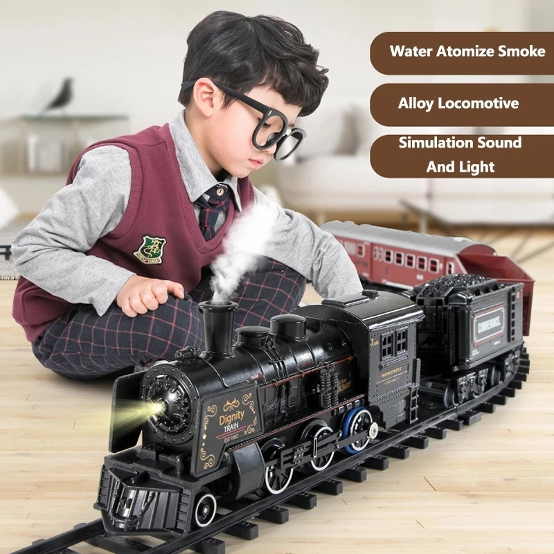 

High Simulation Alloy Steam Train Track Railway DIY Assembly Train Toy Sound Water Atomize Smoking Railway Boy Educational Toys