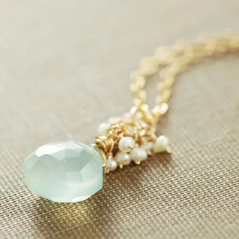 Aquamarine Blue March Birthstone Necklace, Seafoam Gemstone Pendant Necklace, Aqua Chalcedony Seed Pearl Necklace