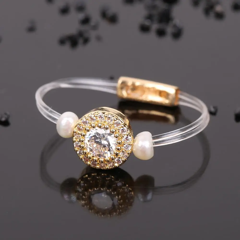 2020 New Trendy Women's Fashion Transparent line Brass Ring Round Zircon Natural Pearl Elastic Ring Accessory For Daily life