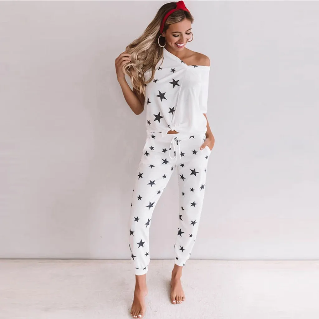 

2 piece summer set Women V-Neck Pajamas Pentagram Print Sport Sets Lounge Wear Suit Home Tops+long Pant ensemble femme 2020