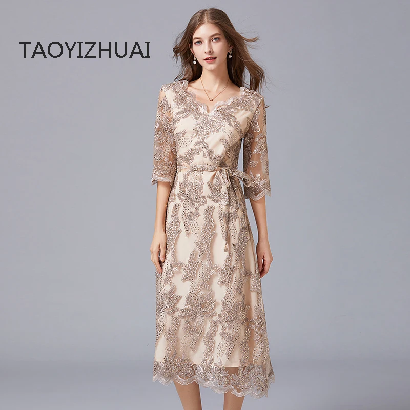 

Brand light luxury evening dress skirt women's spring and autumn dress new embroidered lace dress wedding dress wedding dress