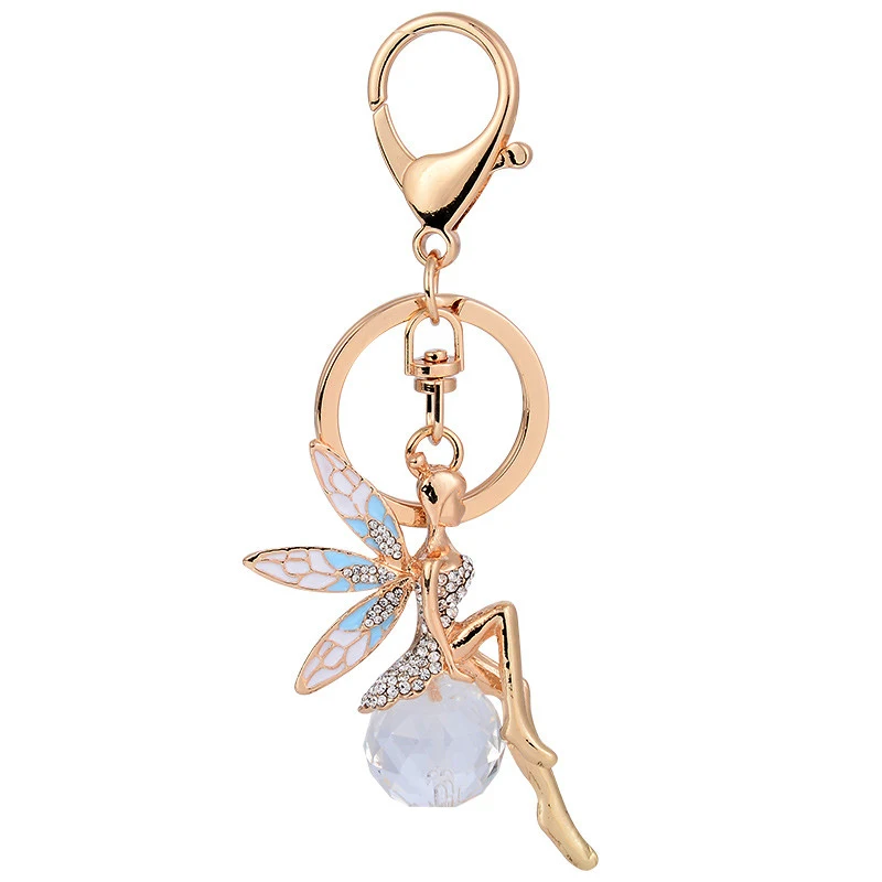 Fashion Elegant Jewelry Angel Keyring Metal Rhinestone Butterfly Fairy Bag Pendant Car Key Ring Keychain Women Girl Gift Trinket