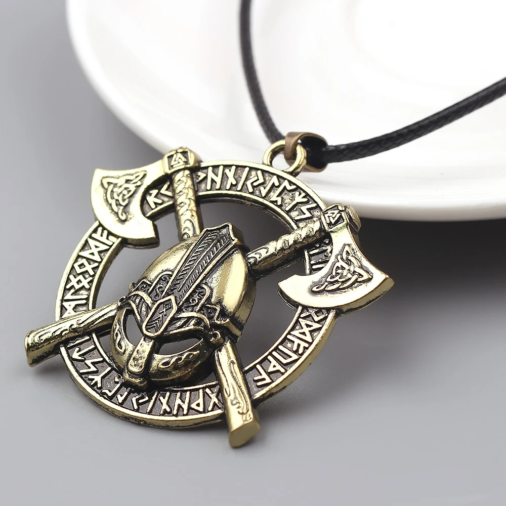 Vintage Viking Axe Helmet Pendant Necklace Choker for Men Odin Raven Slavic Amulet Taliman Wicca Jewelry Best Gift image 3