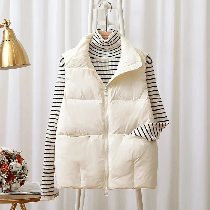 New 2021 Autumn Down Vest Women Stand Collar Warm Loose Waistcoat Short Windproof Gilet Female White Duck Down Coat Sleeveless