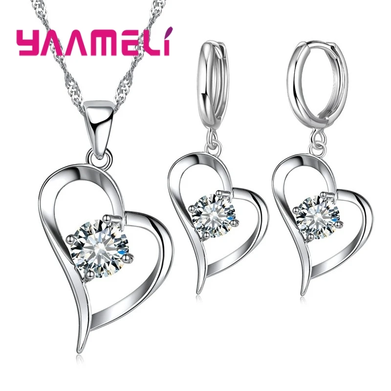 925 Sterling Silver Wedding Jewelry Sets Romantic for Women Love Heart Hollow Pendants Necklaces Earrings Clear Austrian Crystal