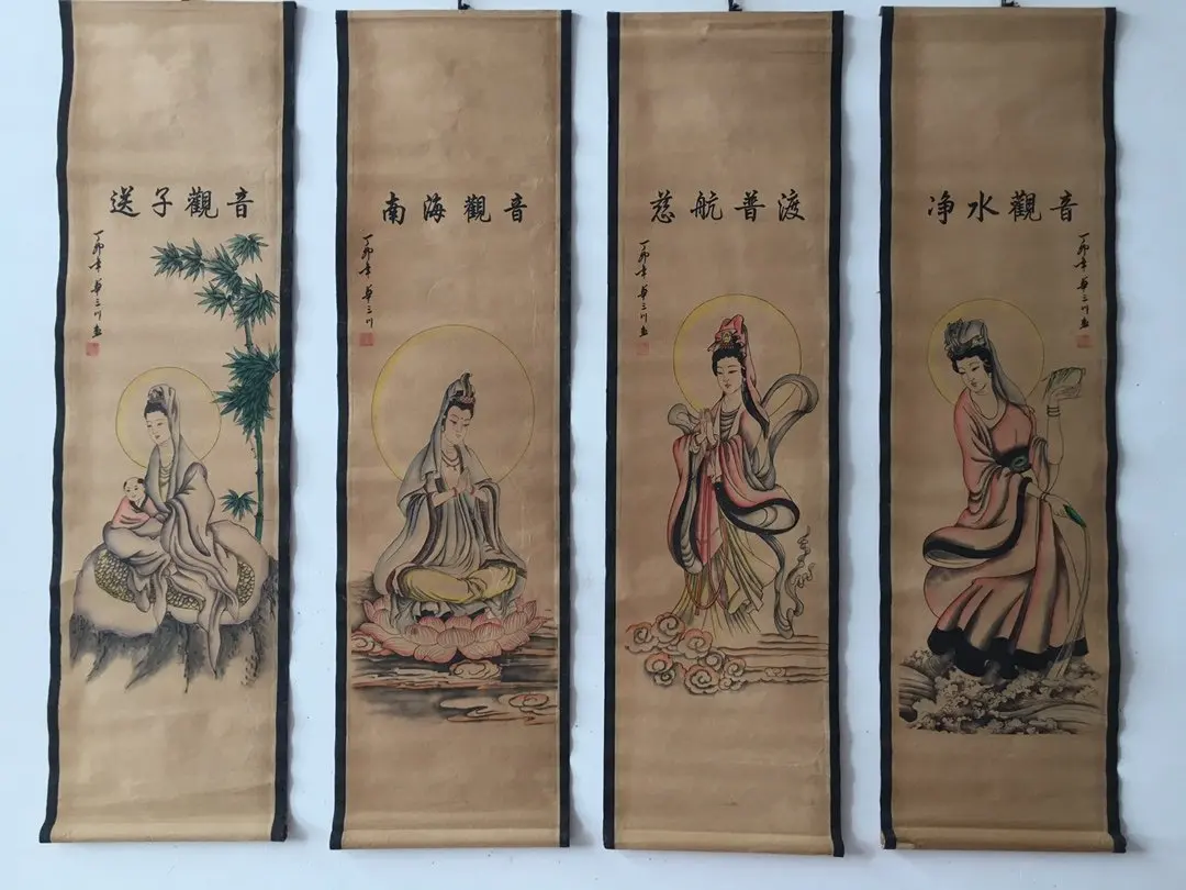 China celebrity painting old scrolls Four screen decorate guanyin  painting