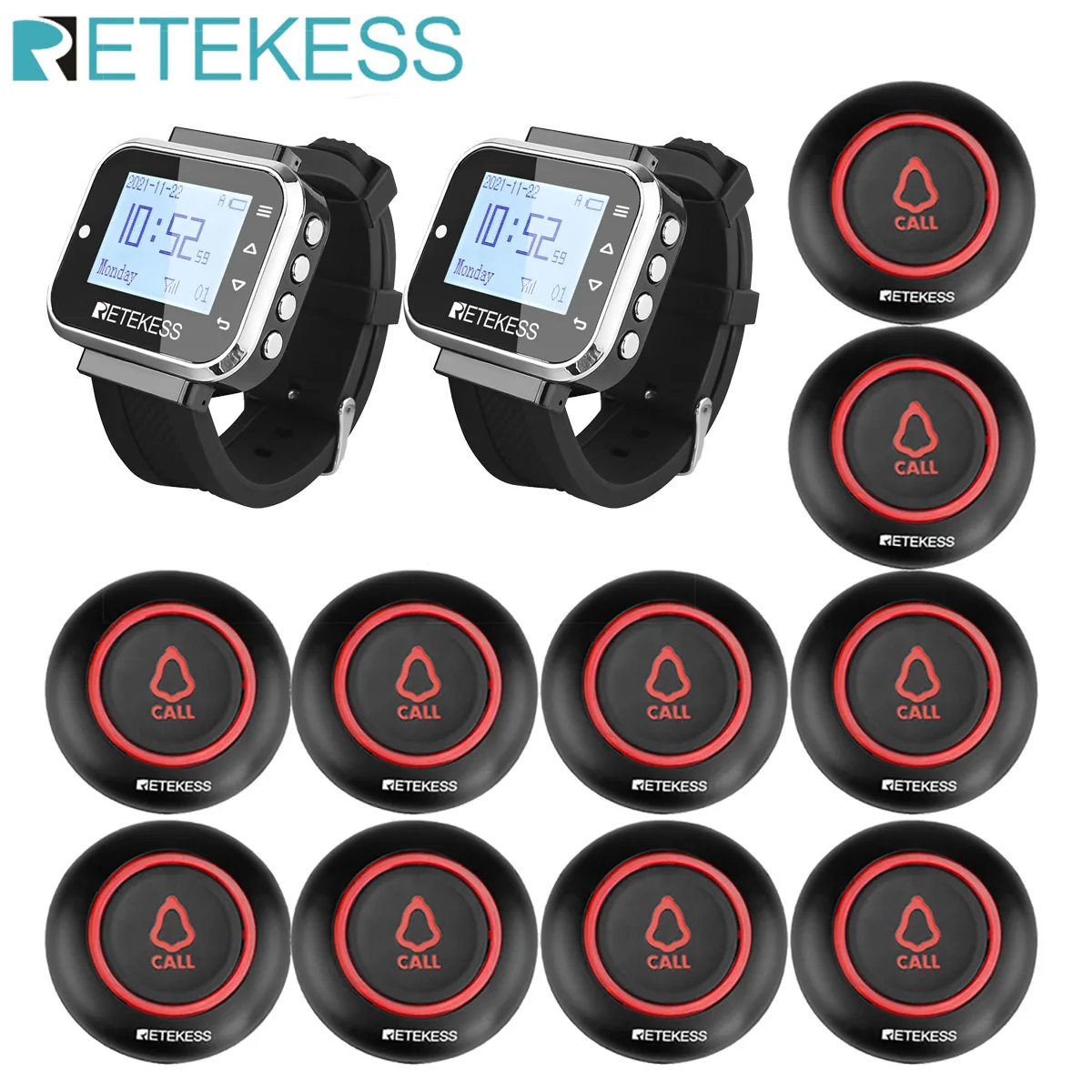 Retekess Restaurant Pager Wireless Calling System 2 TD110 Watch Receiver+10 TD019 Call Buttons 7 Languages Hookah Bar Cafe Club