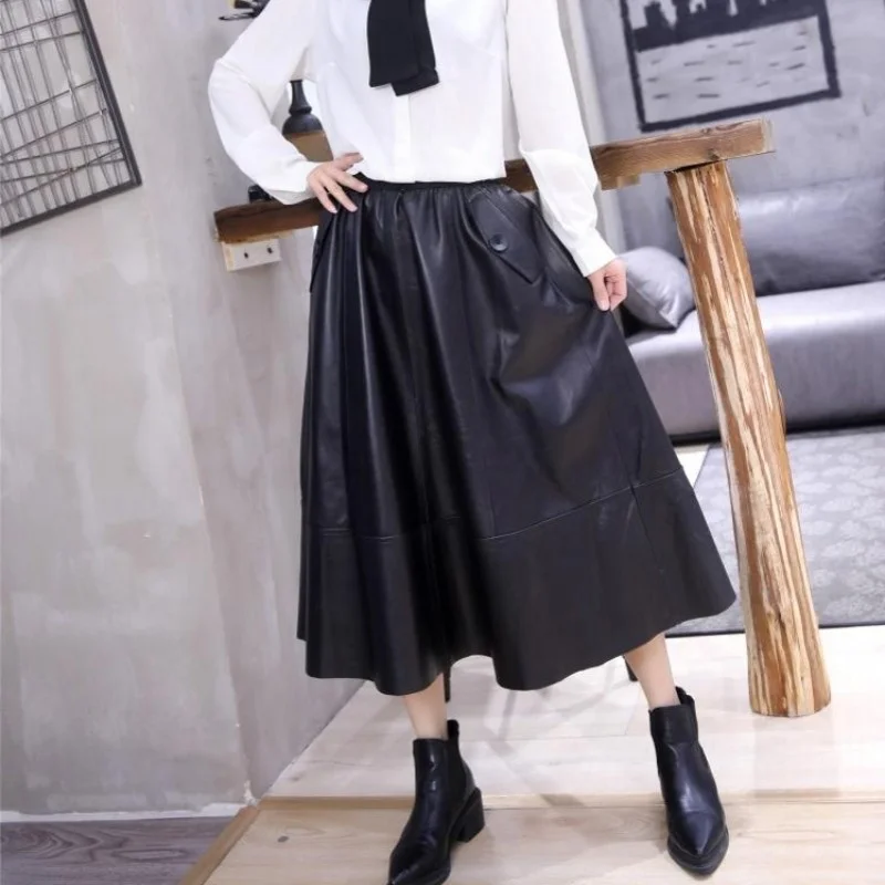 Genuine Harajuku Leather Skirt Women Loose Elastic High Waist Umbrella Skirts Fashion Casual Female Black Mid-Calf A Line Skirts