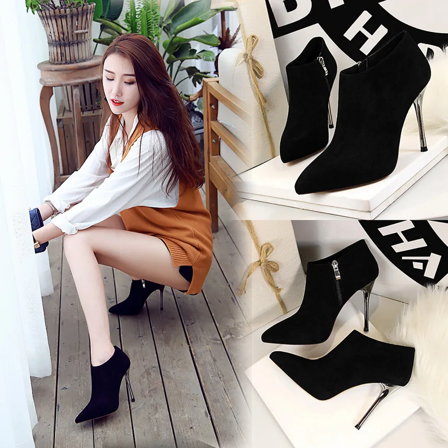 Autumn Pointed Toe Metal Heel Fashion Ladies Ankle Boots High Heels Shoes Women Solid Flock Side Zipper Concise Short Boots