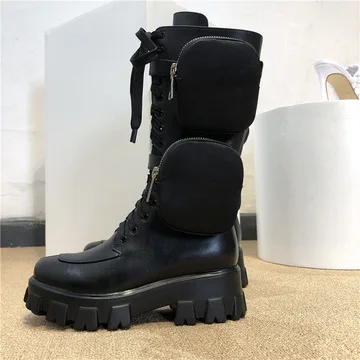 Women Boots Winter Leather Mid-calf  Shoes Platform Increase Zip Belt Bag Women Goth Dark Owen Female Sneakers Brand