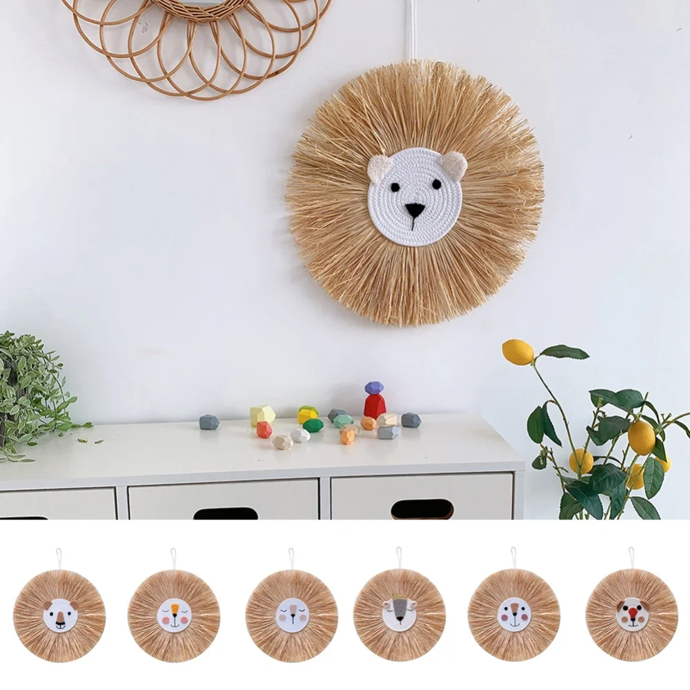 Hand-woven Raffia Cartoon Animal Wall Decoration Lion Tiger Straw Craft Children Room Hanging Ornament Cotton Thread Tapestry