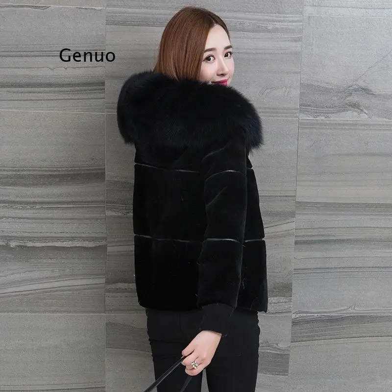 New Women\'s Winter Sheep Sharing Overcoat Ladies High Waist Slim Faux Fur Jacket Female Fake Fox Fur Hooded Short Coat