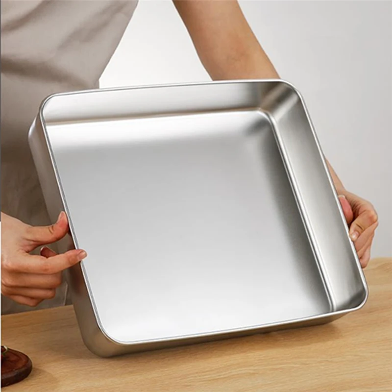 Thick Stainless Steel Food Storage Tray with Lid Rectangular Baking Pan Restaurant Vegetable Fruit Plates Kitchen Organizer