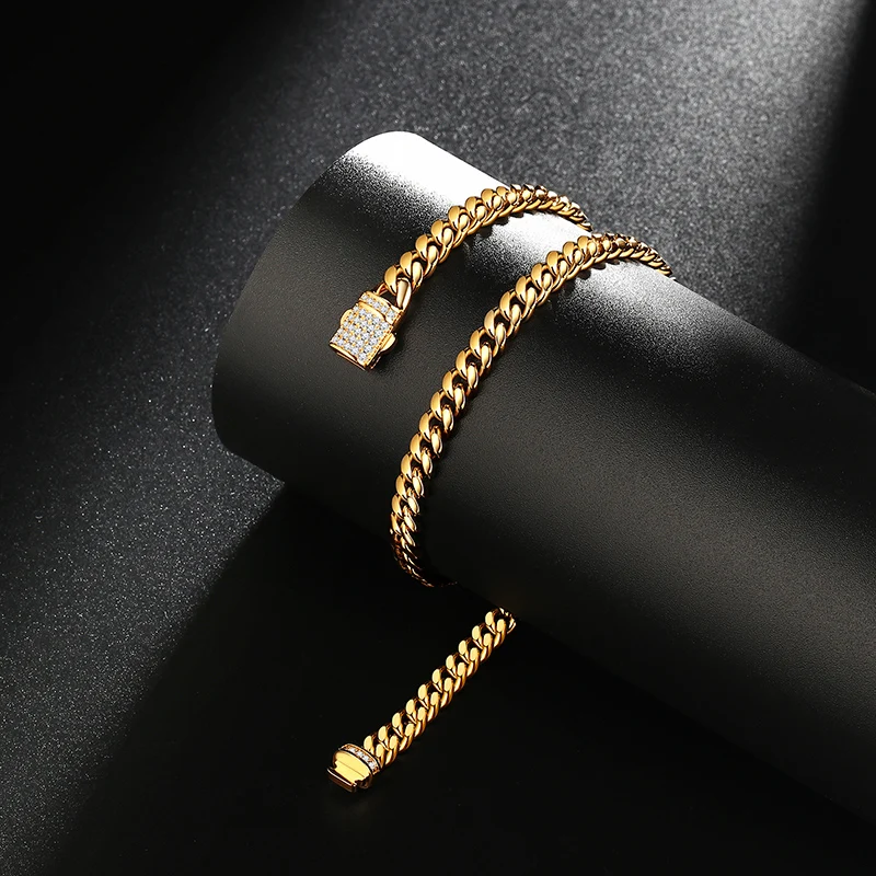 6-14mm Stainless Steel Round Cuban Miami Chains Necklaces CZ Zircon Box Lock Big Heavy Link Chain for Men Hip Hop Rapper jewelry