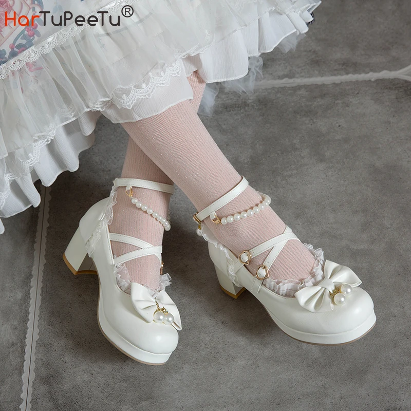 Fall Spring Girls Lolita Style Pumps PU Leather Beading Bow Decorate Chunky Heel Cosplay Party Dress Women Mary Janes Shoes 2022