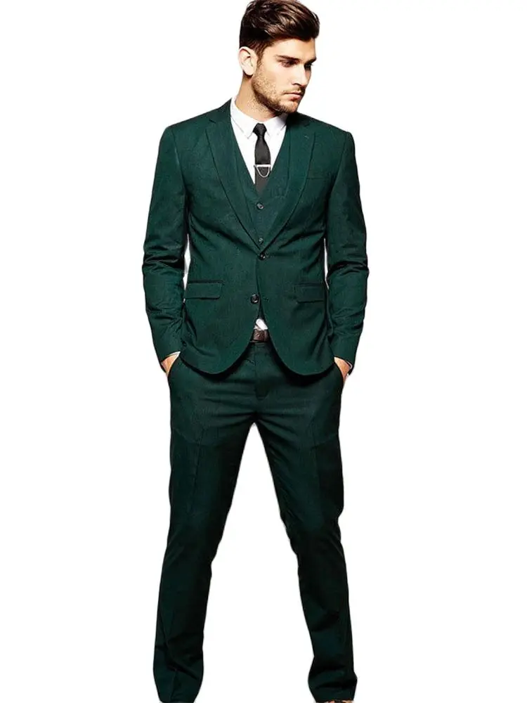 

New Arrival Custom Made Slim Fit Blazer Dark Green Full Men Suits for Wedding Notched Lapel Groom Wear 3Pc Jacket+Vest+Pants+Tie