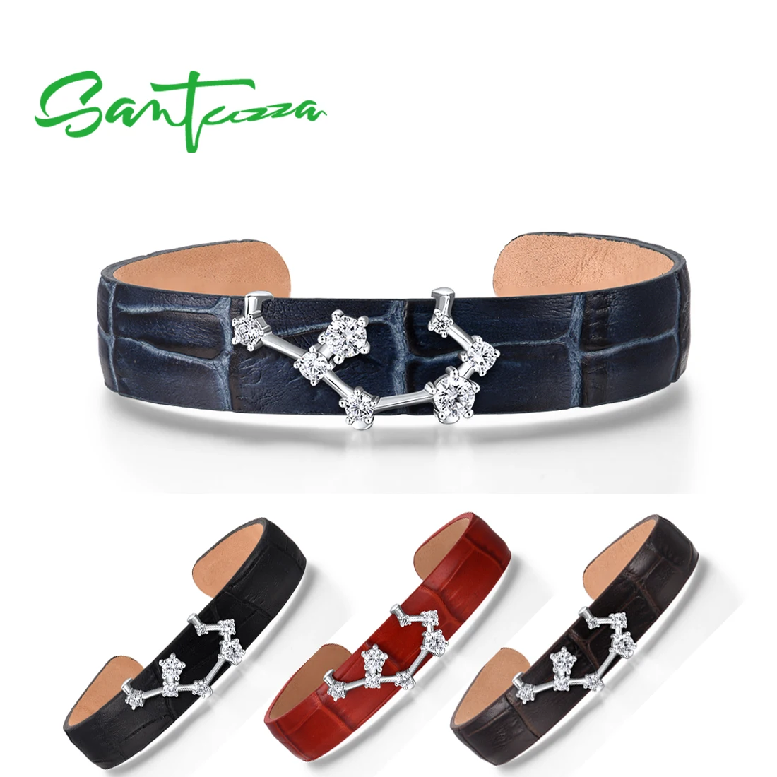 SANTUZZA 925 Sterling Silver Bracelet Bangle for Women Adjustable Red/Black/Brown Leather Sagittarius Constellation Fine Jewelry