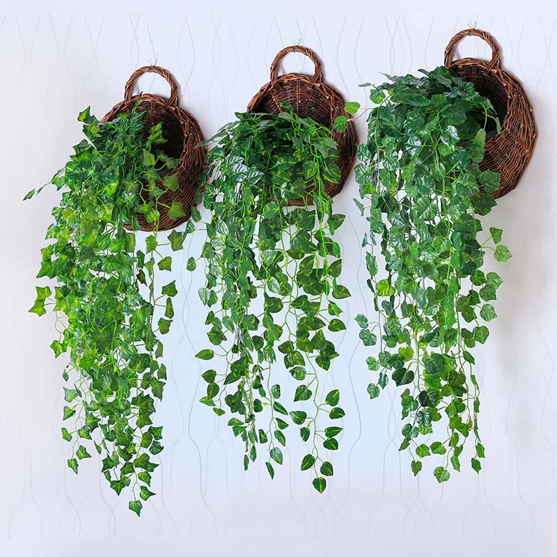 Plantas artificiales de 2M de largo, hojas de hiedra verde, vid de uva, hojas de follaje de partenociso falso, decoración de la habitación del hogar, mimbre