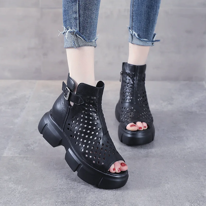 

Leather Martin Boots Sandals Women Summer Thin Breathable Mesh Short Boots Wild Fish Mouth Retro Hole Hollow Sandals