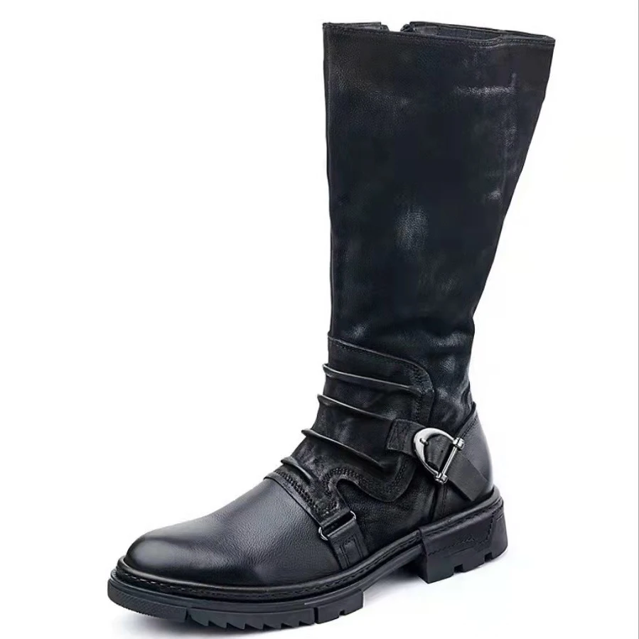 Autumn Winter Men's Boots Square Heel High Top Sewing Round Head Boots large Size Eur 37-48