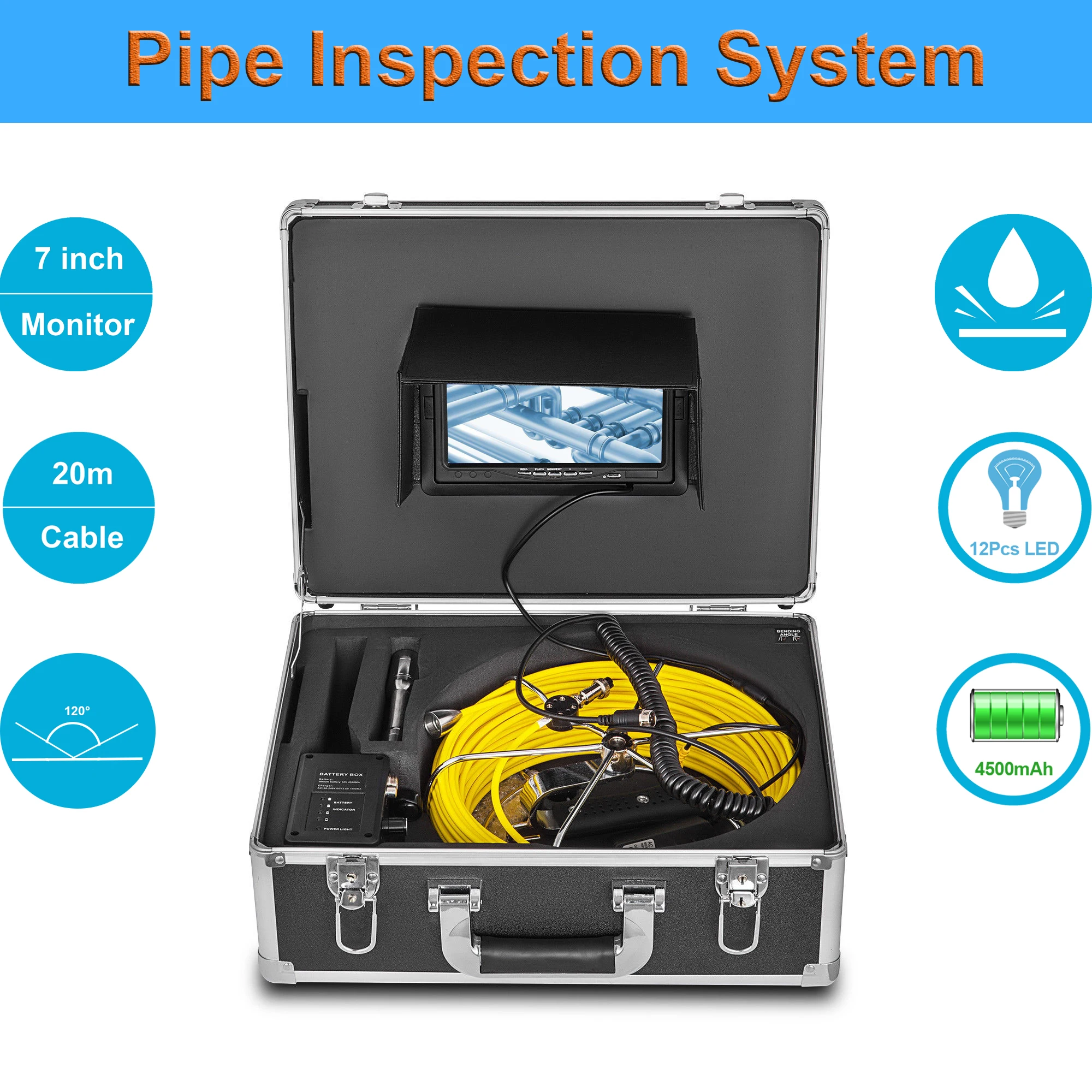 

20M Cable 23mm Lens Industrial Drain Endoscope 7"LCD Monitor Wall Sewer Pipe Inspection Video Camera System IP68 Waterproof