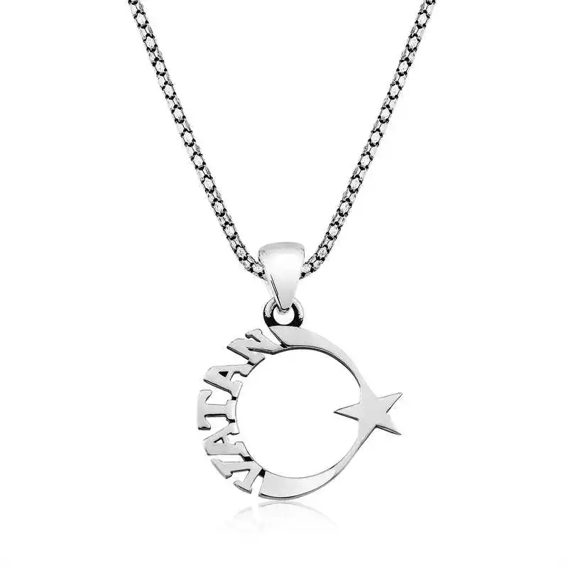 ​Silver Homeland Written Crescent and Star Men's Necklace 925 Sterling Men Jewelry Wedding Party Birthday Gift - Box - Pendant - Chain Choker - Man - Fashion