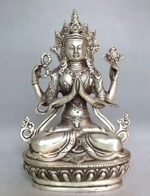 Copper Statue 21cm Tibet Buddhism Silver Bodhisattva Four-armed Avalokiteshvara Buddha Statue 14cm height