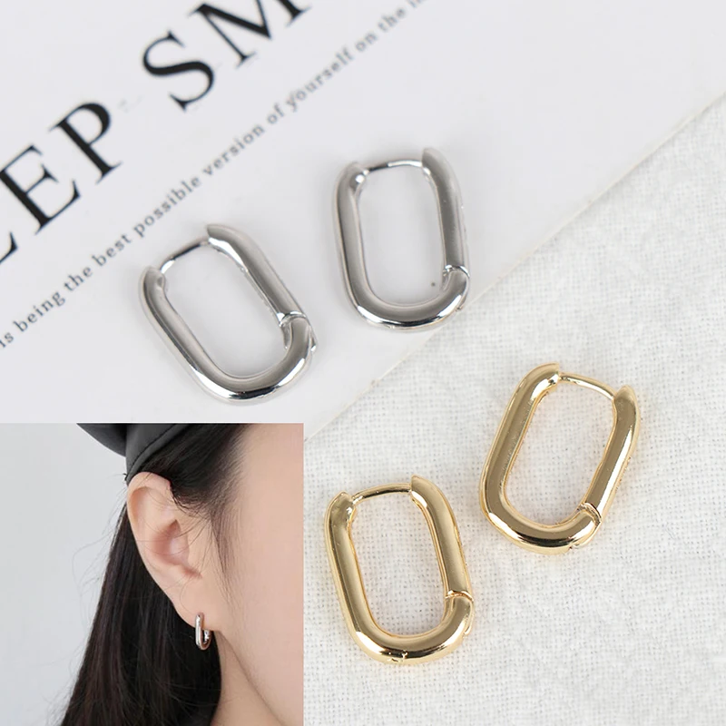 1 Pair Simple Design Geometric Rectangular Lock Buckle Metal Oval Shape Small Hoop Earrings Women Party Jewelry