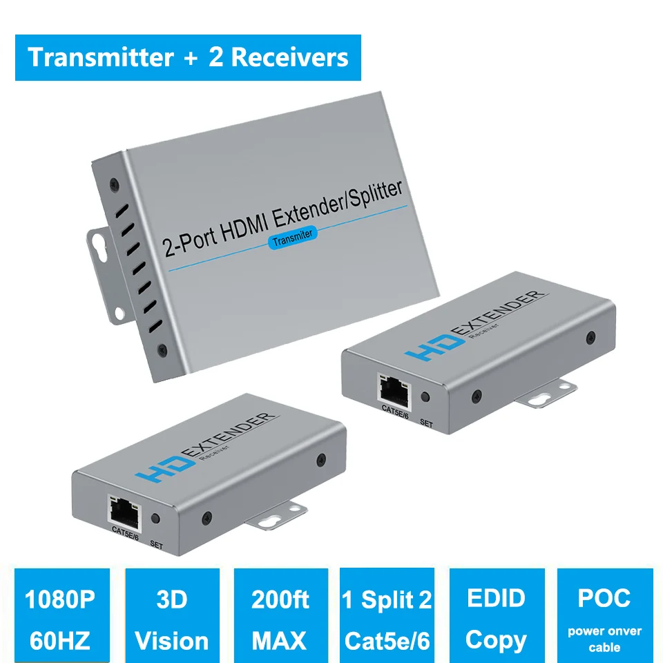 

Удлинитель HDMI разветвитель передачи 1080p HD видео более 50m/165ft Ethernet Cat5e/6 с 2 локальными выходами HDMI