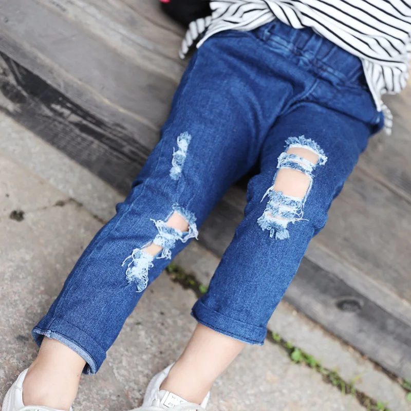 Spring and Autumn New Children Clothing Fashion All-match Solid Color Girl Ripped Jeans Korean Boys Trousers Straight Retro