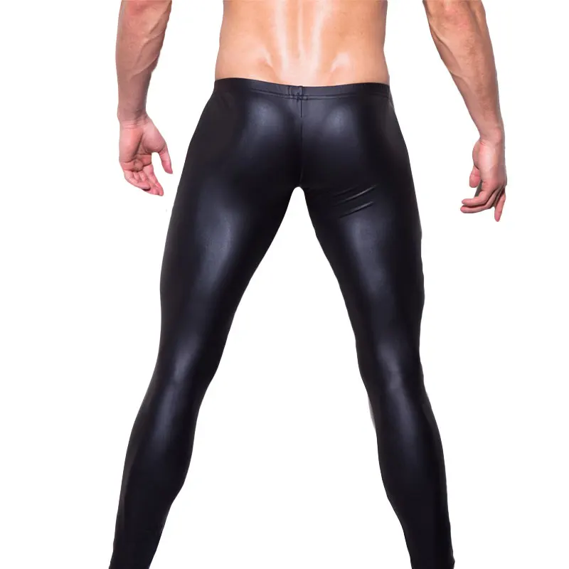 Sexy Men Low-rise U Bulge Pouch Night Club Stage Performance Tights Bodywear Pants Men\'s Shiny Faux Leather Leggings Gay Wear