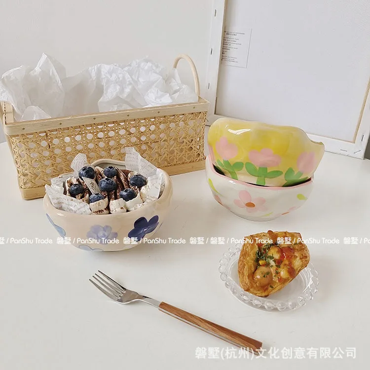 Hand Pinched Flower Bowls Ice Cream Bowl Retro Tulip Tableware Irregular Bowl Baking Cereal Salad Dinnerware Microwave Available