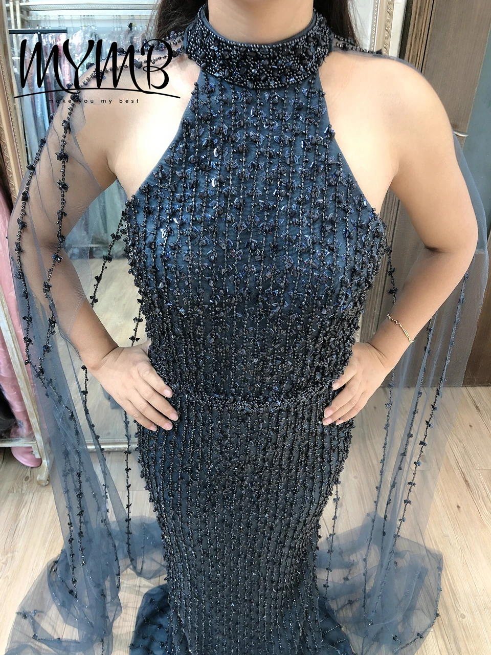 Navy Couture Beading Evening Dress Design 2021 With Removable Back Cape MYMB New Style Engagement Gown MY21100