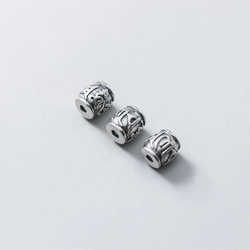 925 Sterling Silver Barrel Shape Buddhism Mantras Spacer Beads 8mm Solid Handmade Silver Loose Beads DIY Jewelry Accessories