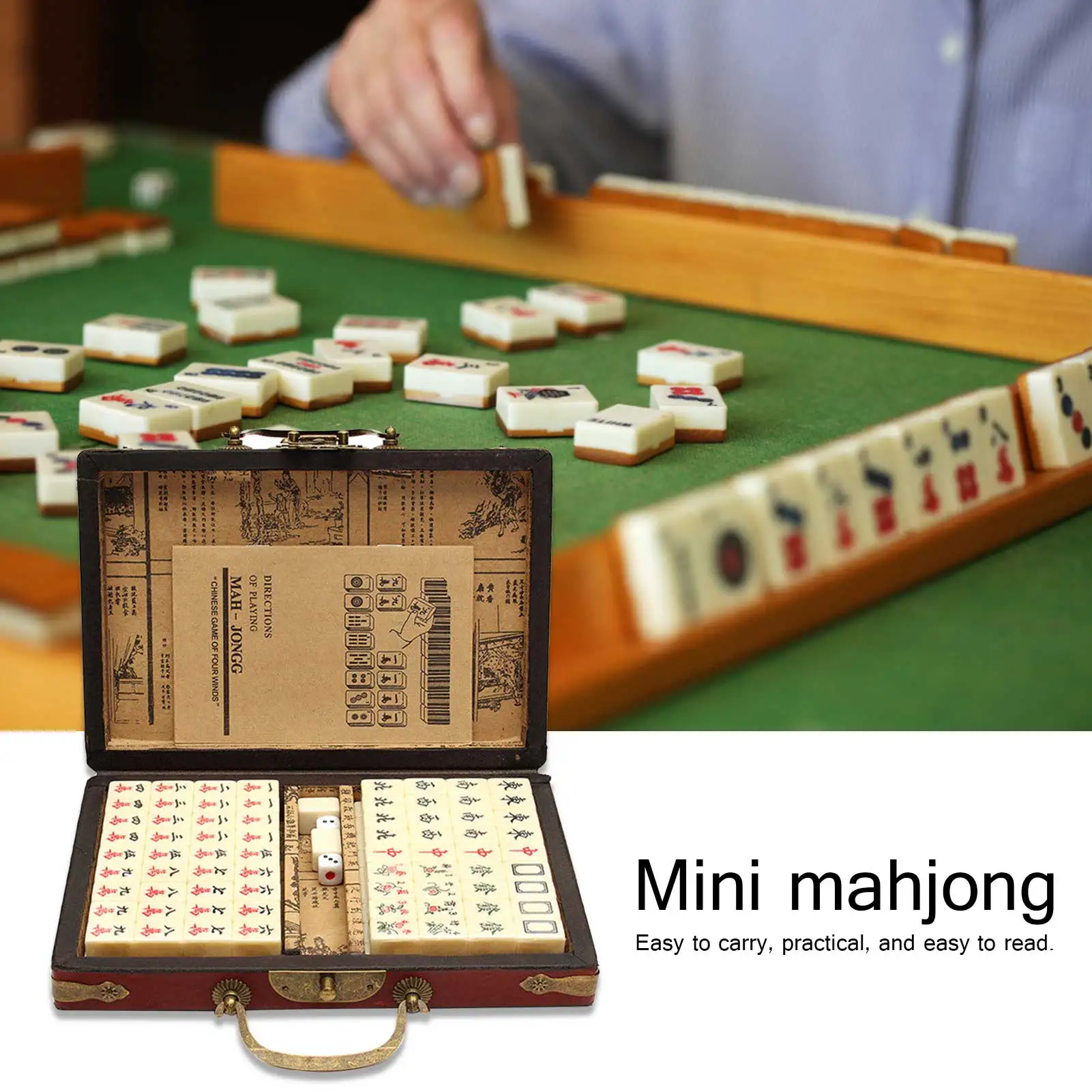 Chinese Mahjong With Antique Portable Case 144 PCS Traveling Mahjong Adult Travel Game Toy Practical Durable Engraved Tiles