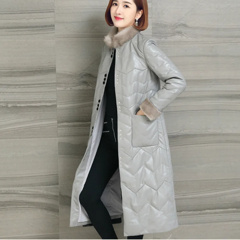 Luxury Genuine Leather Jackets Women Natural Sheepskin Coat Female Long Thick Warm Down Parka Real Mink Fur Coats LWL1267