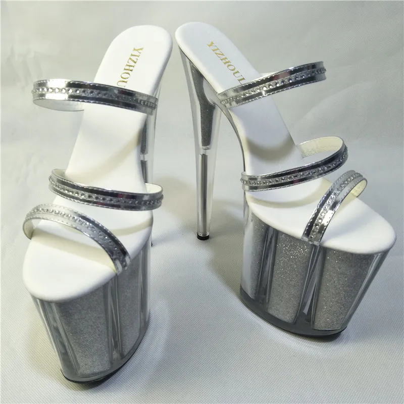 Ultra 20 cm Kristall Plateauschuhe High Heel Sandalen Silber Glitzer Modell Schuhe Mode 8 Zoll Plattformen Slipper