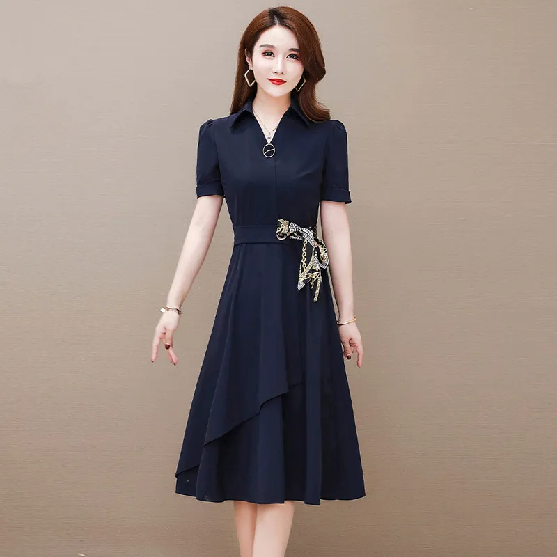 

M-4XL Women OL Dress Summer 2023 New Fashion Office Ladies Short-sleeve Belt Lacing Dress Female