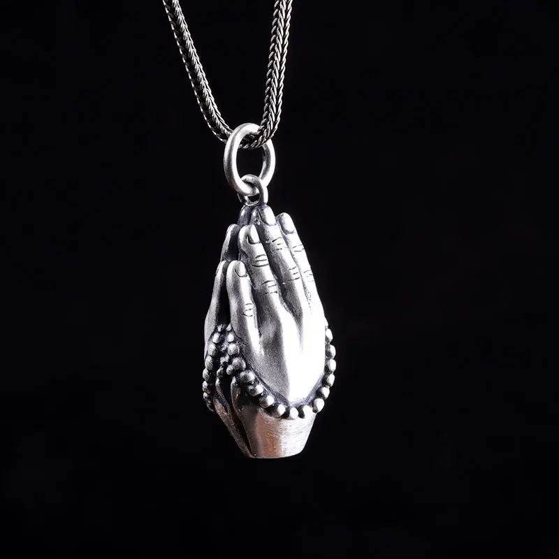 Trendy 100% s990 Pure Silver Jewelry Put Your Hands Together Pray for Peace Buddhism Men and Women Pendant