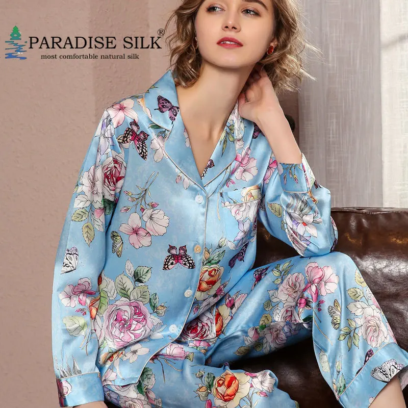 

Womens Pajamas Set 100% Natural Silk Pajamas Top & Bottom Two-piece Suit Long Sleeve Floral Print Pyjamas Set Size M L XL XXL