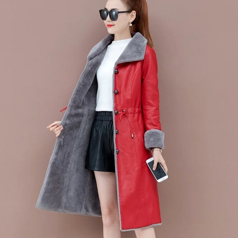 Leather Pu Long Jacket Women 2022 Autumn Winter Fashion Fleece Warm Coat Single Breasted Office Lady Outerwear Plus Size 5XL