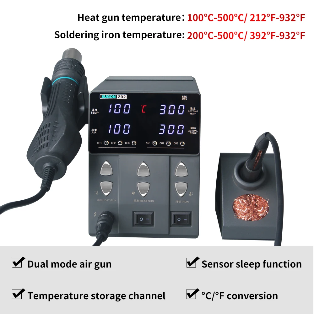 SUGON-202 760W 2 In 1 Soldeerstation Heteluchtpistool Rework Station Elektrische Soldeerbout Voor Telefoon Pcb Ic smd Bga Lassen