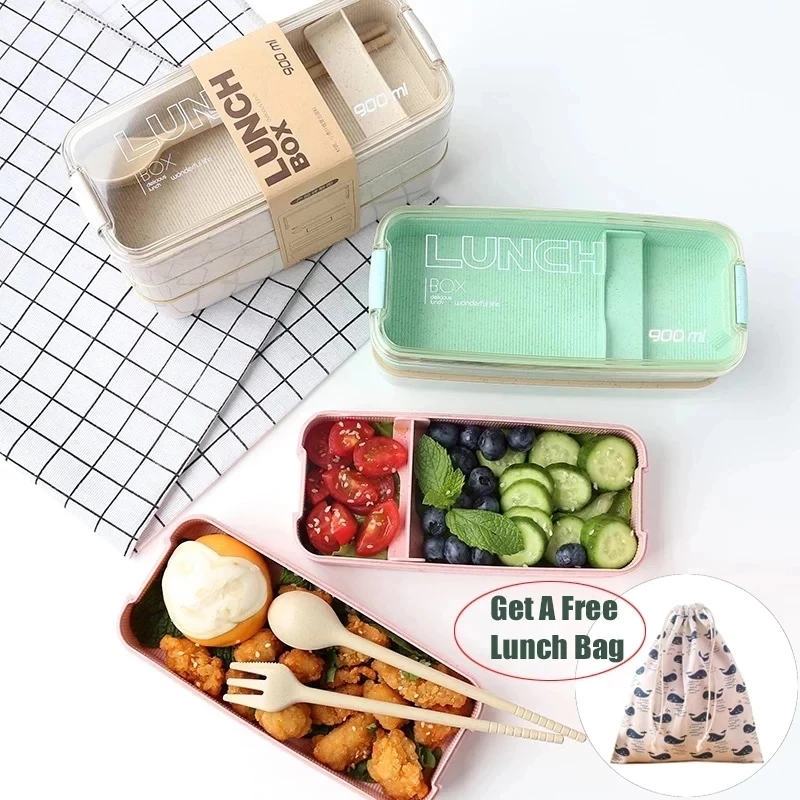 900ml/750ml Portable Healthy Material Lunch Box Wheat Straw Bento Boxes Microwave Dinnerware Food Storage Container Food Box Set