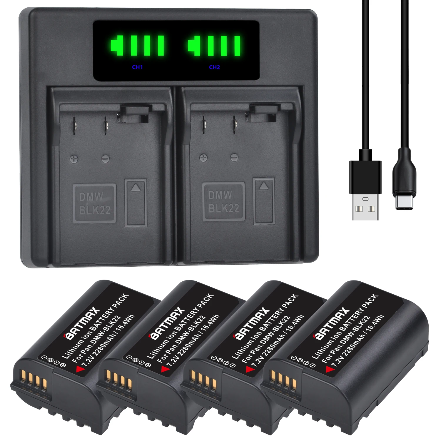 4X 2280mAh DMW-BLK22 DMW BLK22 Battery + LED Dual Charger for Panasonic LUMIX DC-S5 DC-S5K Cameras