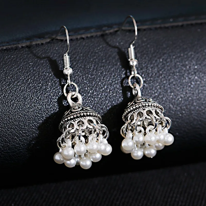 Vintage Silver Color Bells Pearl Tassel Earrings For Women Ethnic Gypsy Carved Small Jhumka Earrings Jewelry