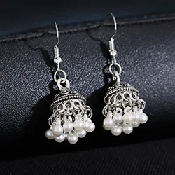 Vintage Silver Color Bells Pearl Tassel Earrings For Women Ethnic Gypsy Carved Small Jhumka Earrings Jewelry