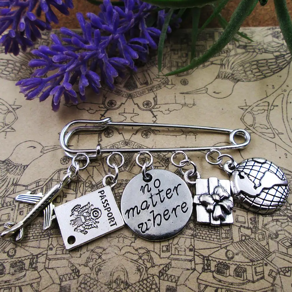 No Matter Where Travel Theme Silver Plated Charm Brooch Gift Birthday