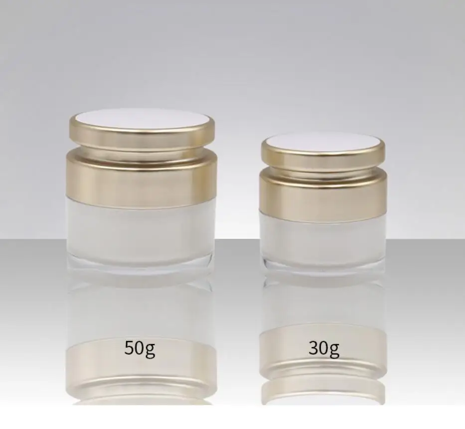ขวดอะคริลิคสีขาวมุกฝาทองด้าน 50 กรัม สำหรับบรรจุภัณฑ์เครื่องสำอาง เช่น ครีมบำรุงกลางวัน/กลางคืน เจลทาใต้ตา เอสเซนส์ มอยเจอร์ไรเซอร์ สครับขัดผิว